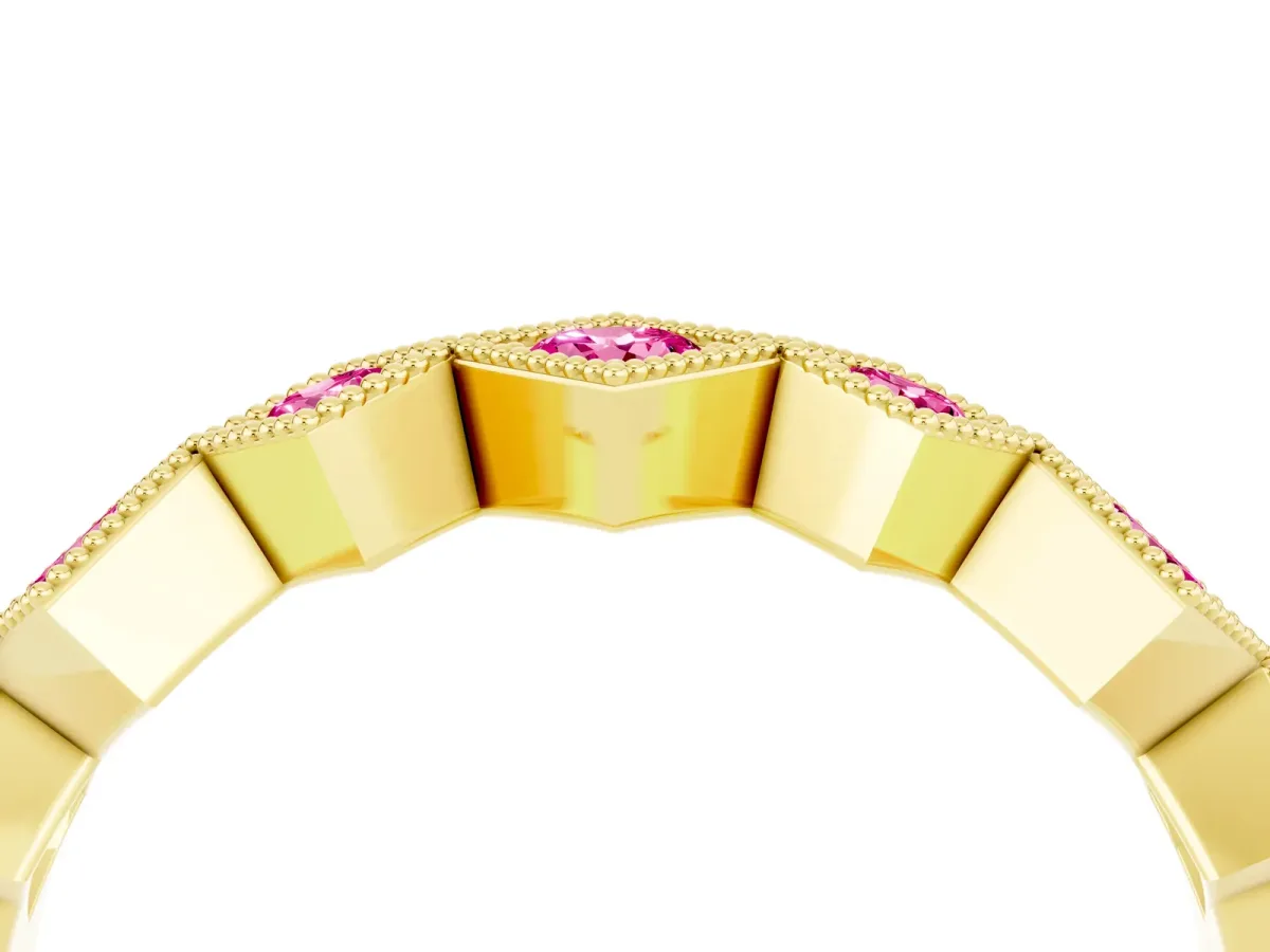 Milgrain Square Bezel Round Pink Sapphire Chevron Band Yellow gold