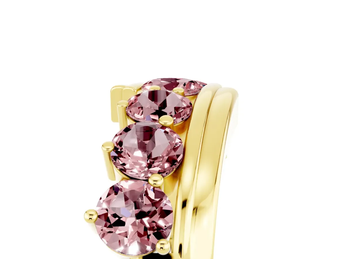 Round Morganite Wave Band with Channel and Shared Prong Setting Yellow gold