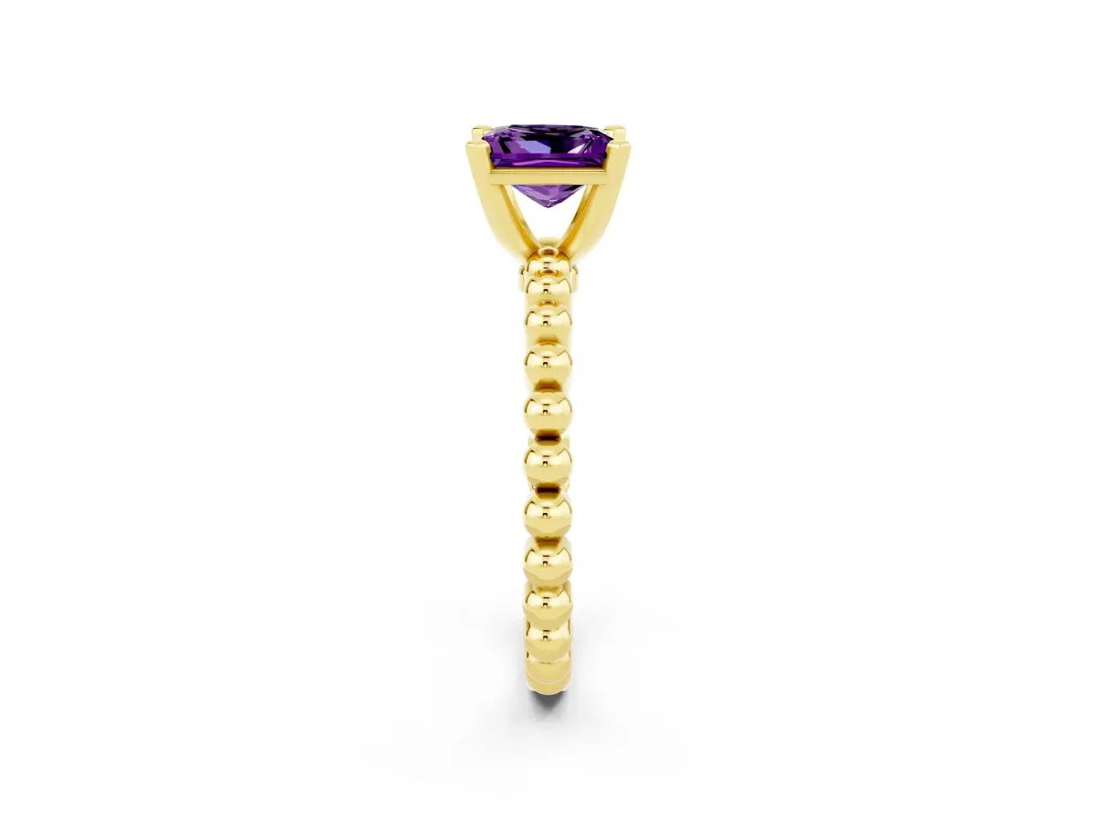 Princess Cut Amethyst Solitaire Ring with Beaded Band and Prong Setting Yellow gold
