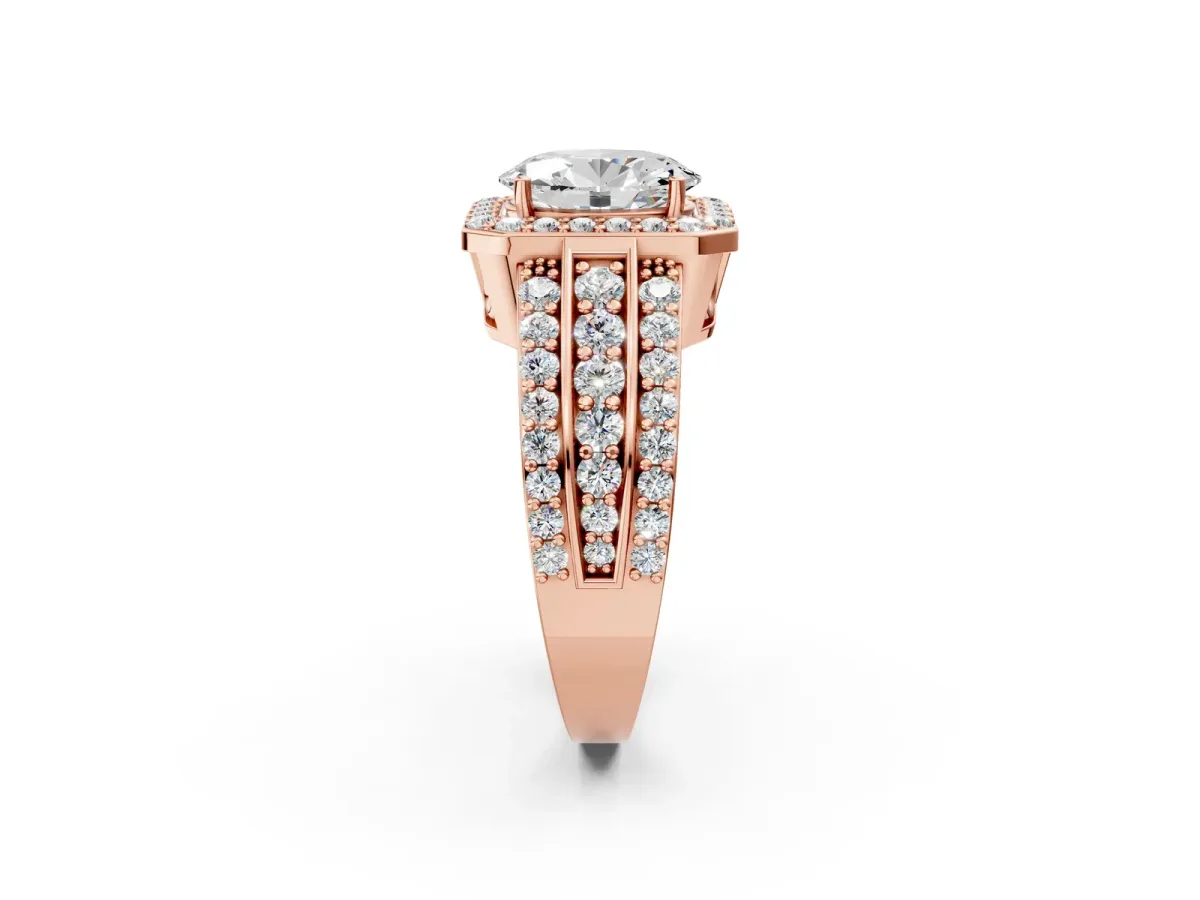 Oval Cut Halo Diamond Ring with Round Split Shank and Prong Setting Rose gold