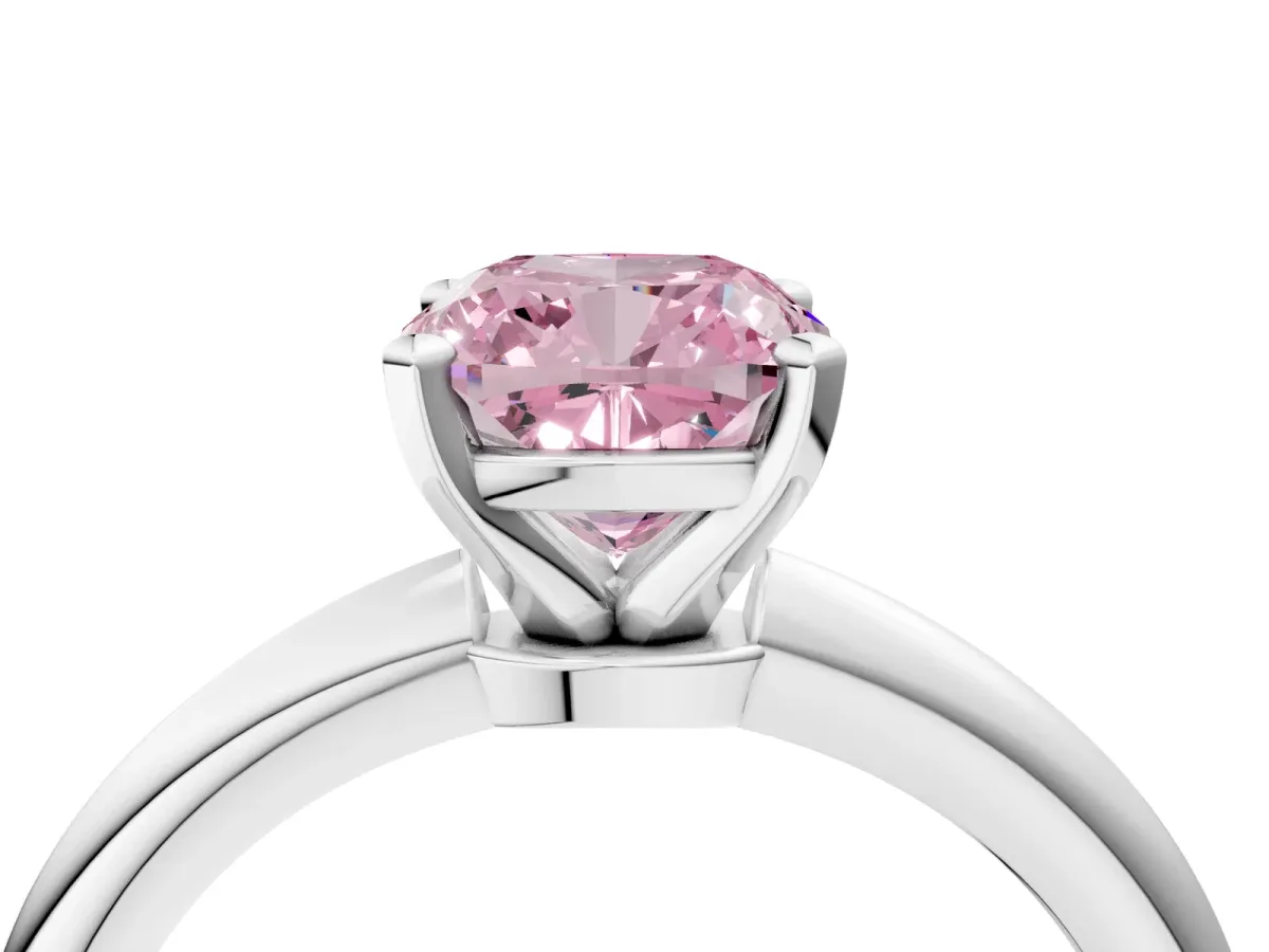Fancy Pink Cushion Cut Diamond Solitaire Ring with Six-Prong Setting and Classic Band Silver
