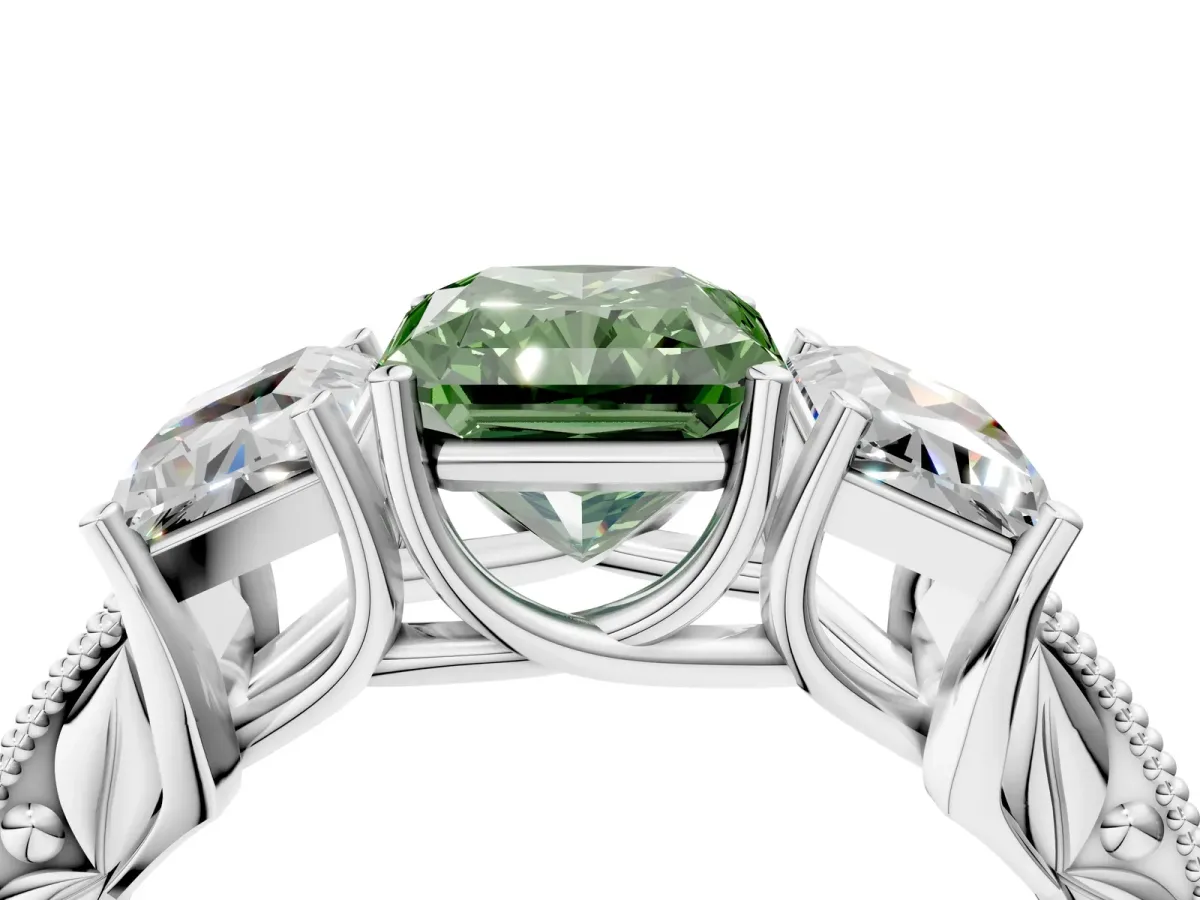Fancy Green Three-Stone Radiant Cut Cut Milgrain Pavé Engagement Ring Platinum