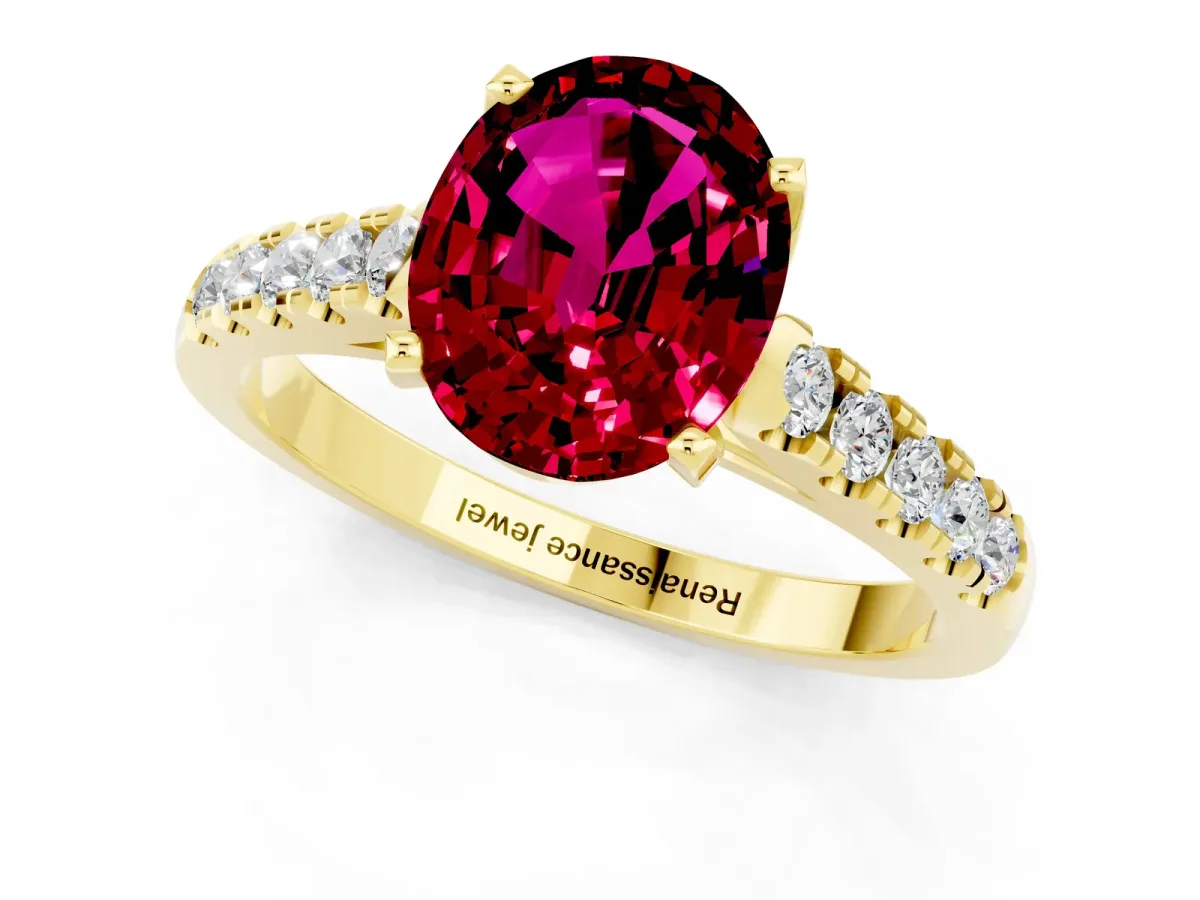 Oval Cut Garnet Pavé Band Solitaire Ring with Prong Setting Yellow gold
