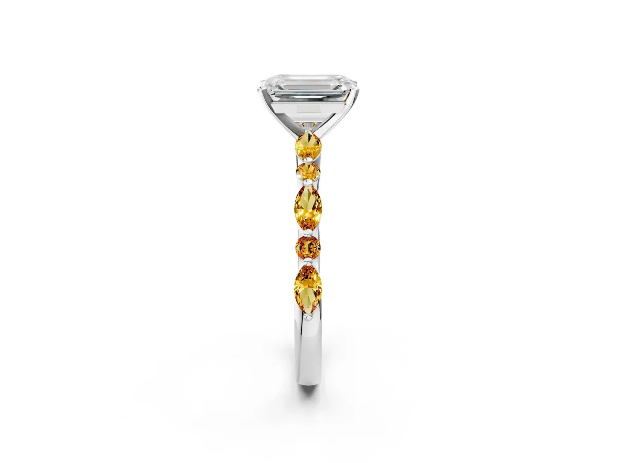 Emerald Cut Diamond Ring with Marquise and Round Citrine Side Stones and Four-Prong Setting Silver