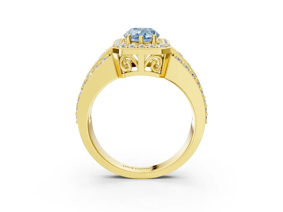 Fancy Blue Pear Cut Halo Diamond Ring with Round Split Shank and Prong Setting Yellow gold