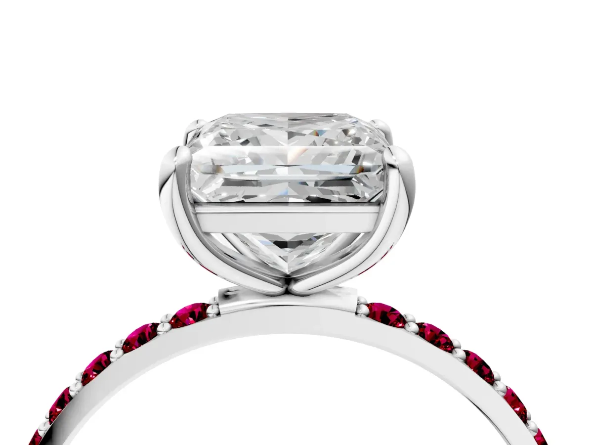 Princess Cut Diamond Solitaire Ring with Round Garnet Pavé Band and Prong Setting Silver