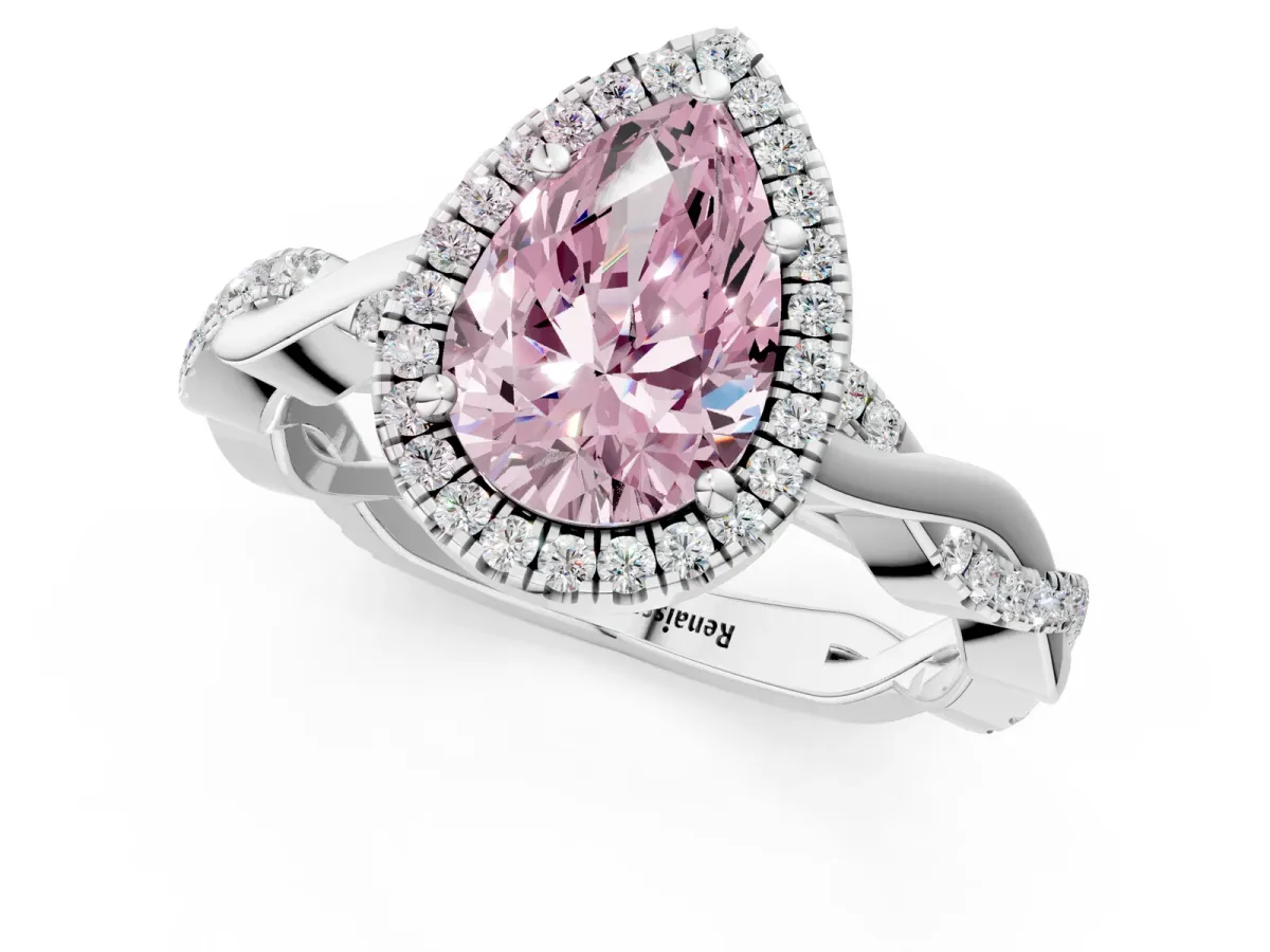Fancy Pink Pear Cut Cut Halo Twisted Band Four-Prong Ring Platinum
