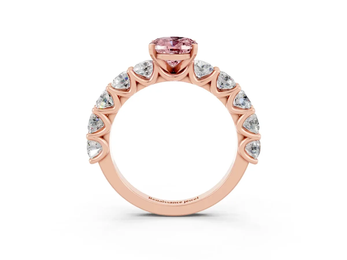Oval Cut Morganite Prong Setting with Side Stones on a Pave Band Rose gold