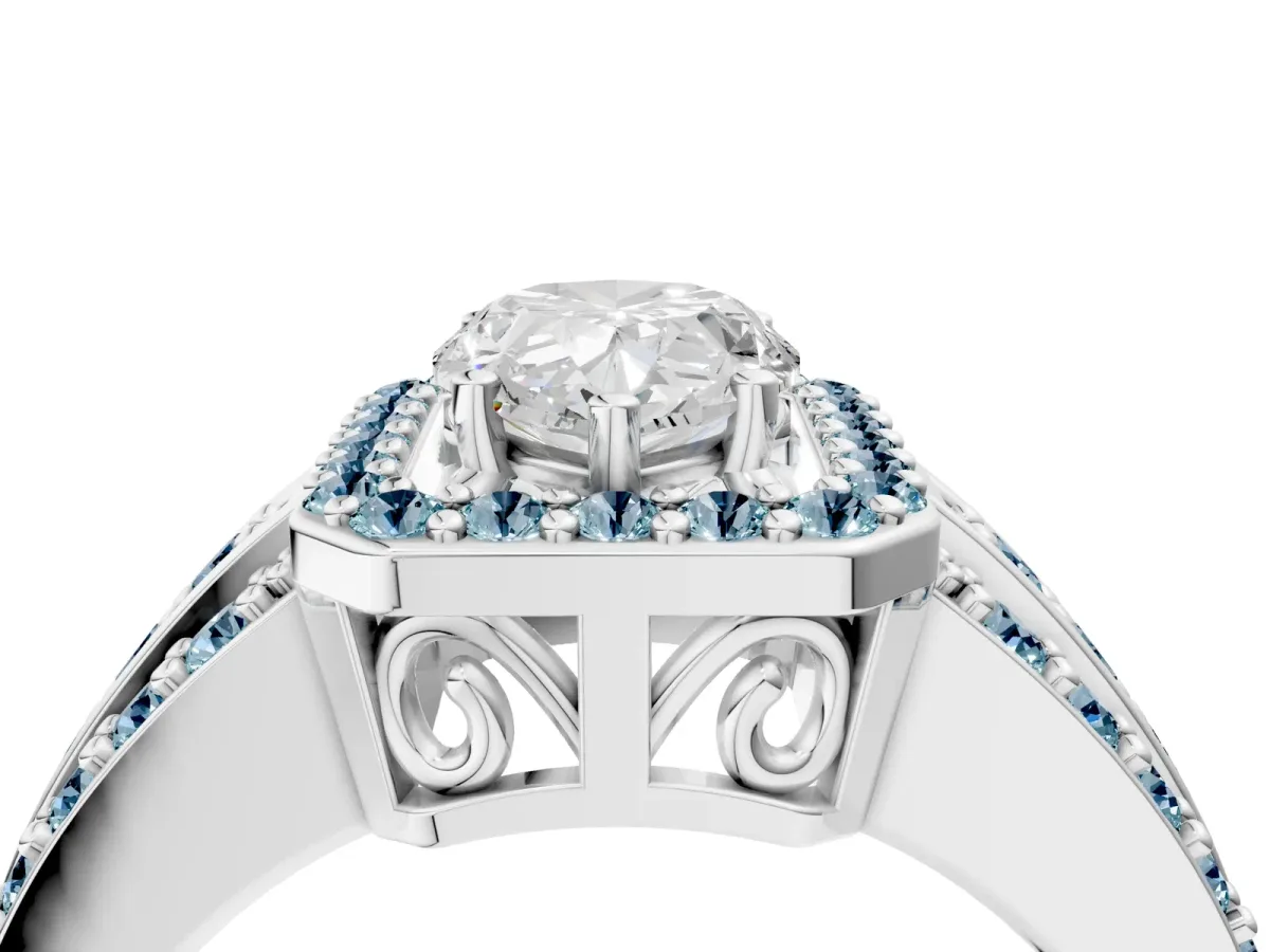 Pear Cut Halo Diamond Ring with Round Aquamarine Split Shank and Prong Setting Platinum