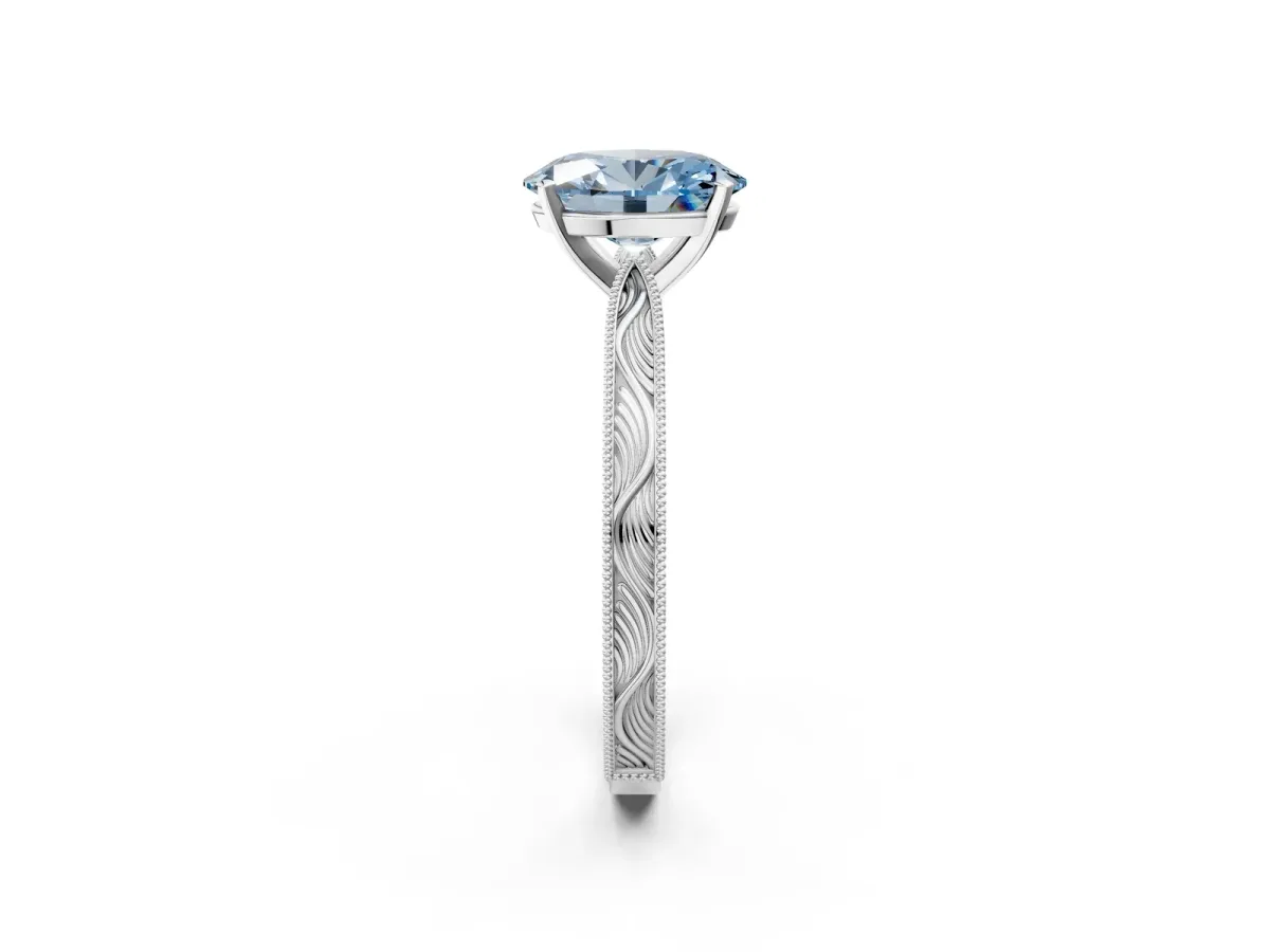 Fancy Blue Oval Cut Solitaire Milgrain Engraved Band with Four-Prong Setting White gold