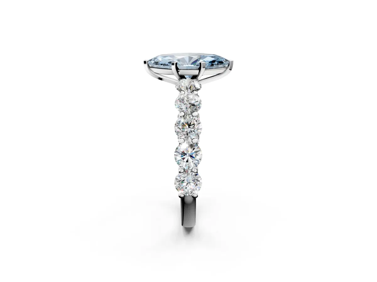 Fancy Blue Marquise Cut Diamond Prong Setting with Side Stones on a Pave Band Silver