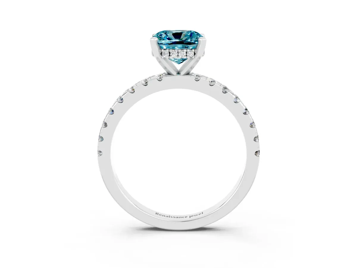Cushion Cut Blue Topaz Solitaire Ring with Round Pavé Band and Four-Prong Setting Silver