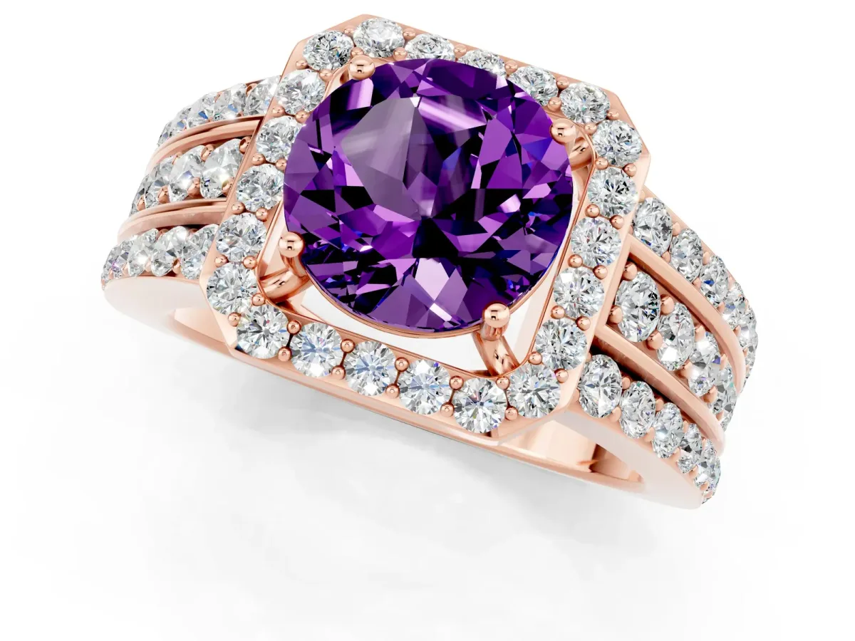 Round Cut Halo Amethyst Ring with Round Split Shank and Prong Setting Rose gold