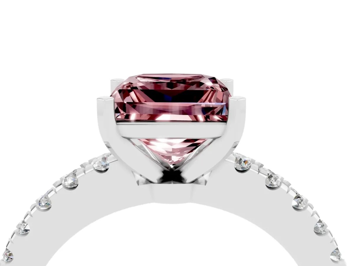 Princess Cut Solitaire Morganite with Pavé Band and Four-Prong Setting Silver