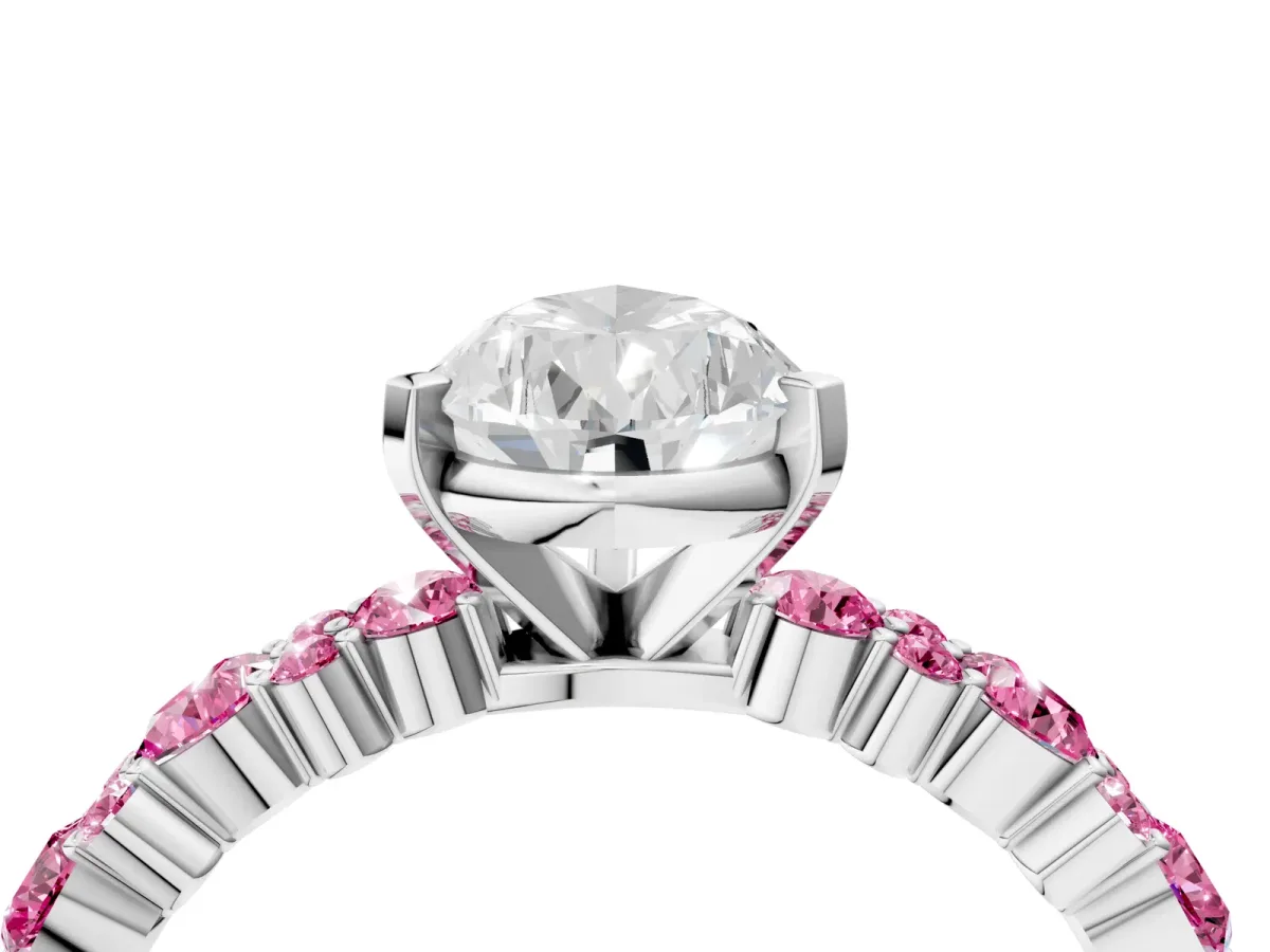 Pear Cut Diamond Side Stone Solitaire Ring with Round Pink Sapphire and Four-Prong Setting Platinum