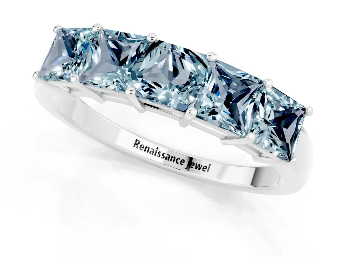 Princess Cut Five-Stone Aquamarine Band with Prong Setting Platinum