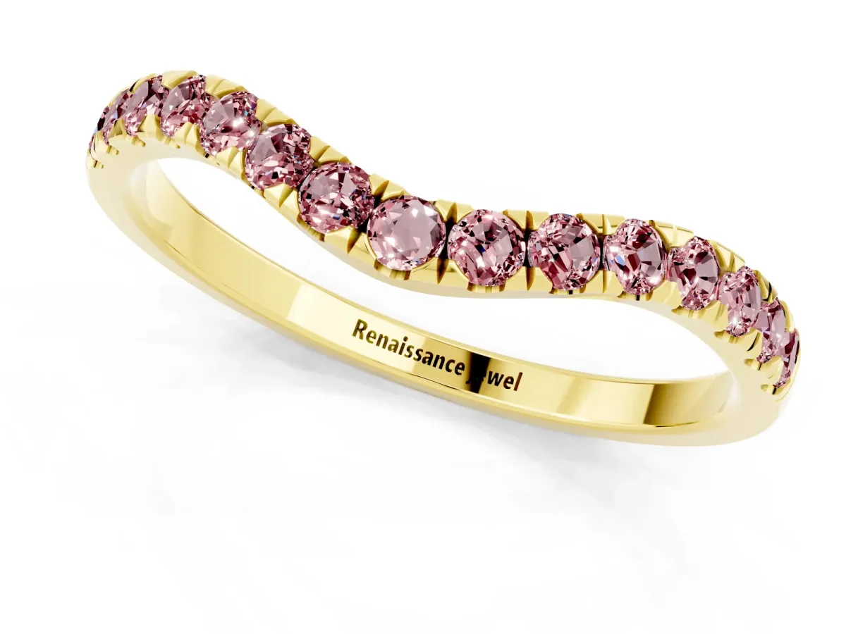 Curved Pavé Round Morganite Wedding Band with Shared Prong Setting Yellow gold