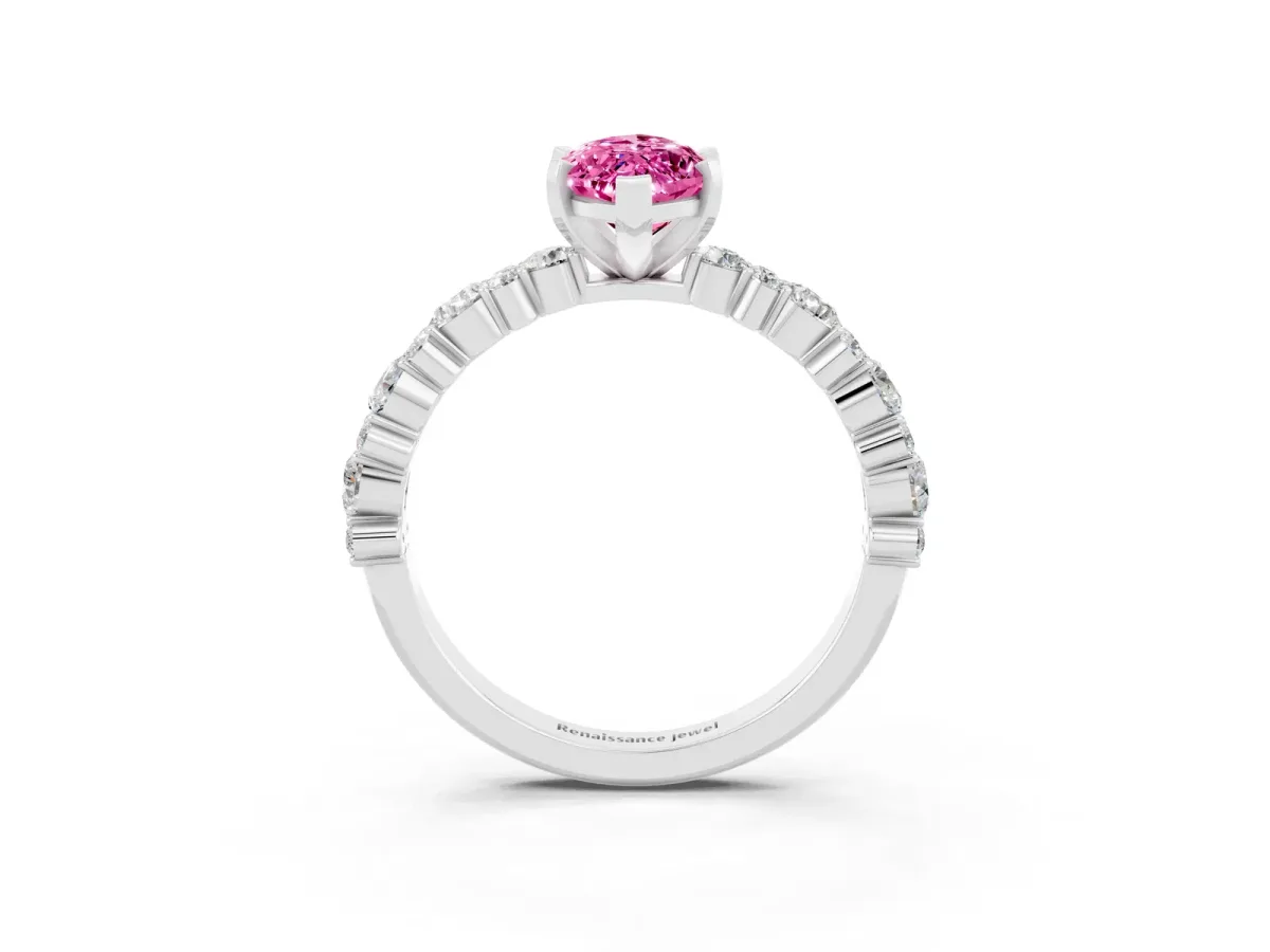 Marquise Cut Pink Sapphire Side Stone Solitaire Ring with Round and Four-Prong Setting Platinum