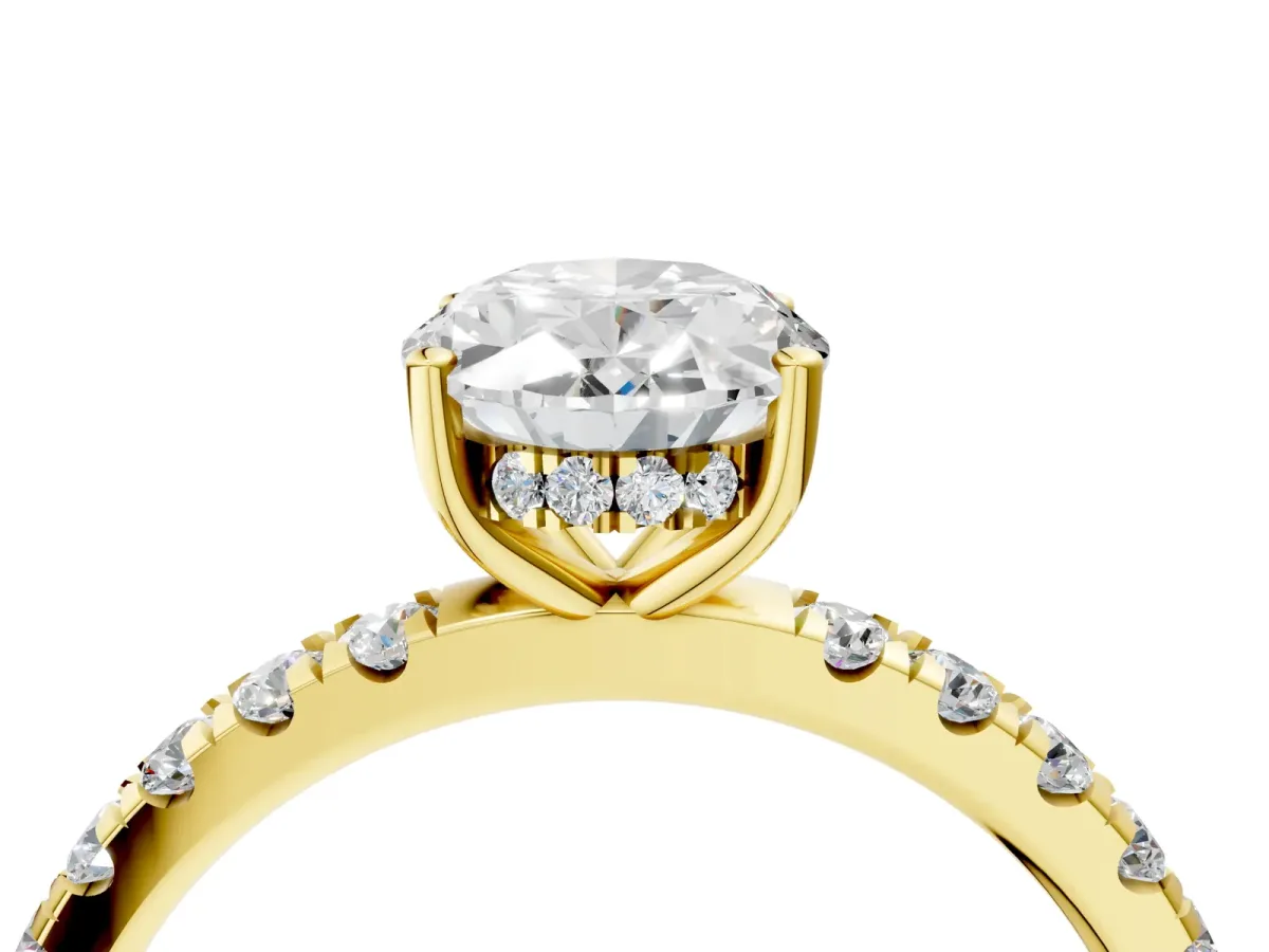 Oval Cut Diamond Pave Band Solitaire Ring with Round and Prong Setting Yellow gold