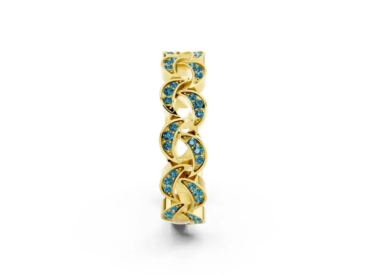 Pavé Round Blue Topaz Interlocking Eternity Band with Bezel Prong Setting Yellow gold