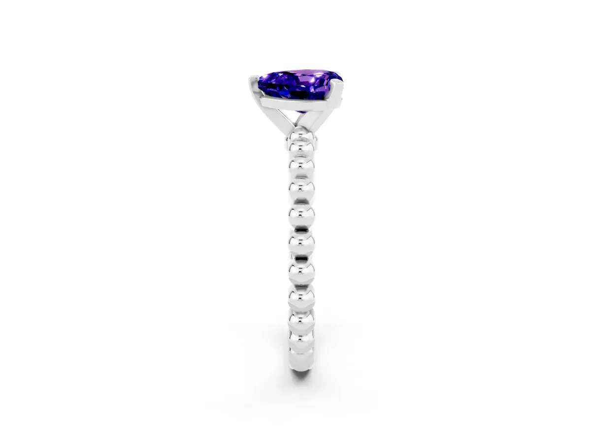 Heart Cut Tanzanite Solitaire Ring with Beaded Band and Prong Setting Silver