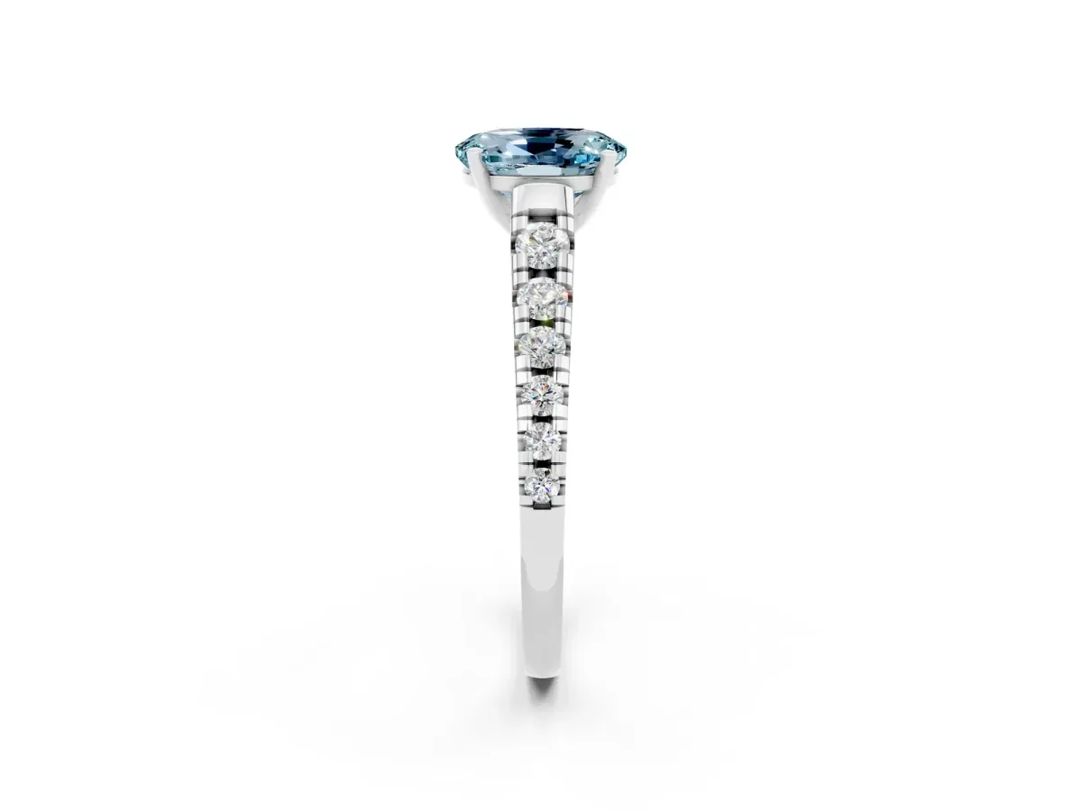 Oval Cut Aquamarine Cathedral Solitaire Ring with Round Pavé Band Silver
