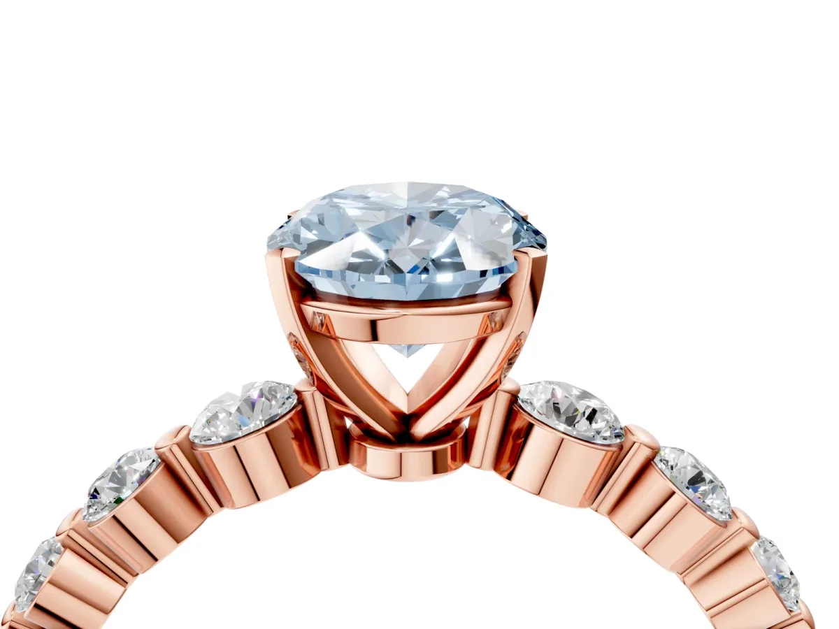 Fancy Blue Oval Cut Solitaire Diamond Ring with Pave Band and Four-Prong Setting Rose gold