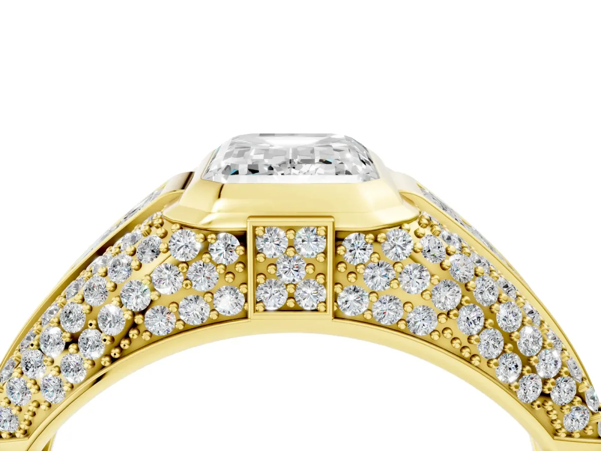 Emerald Cut Diamond Mens Ring with Side Stones Yellow gold