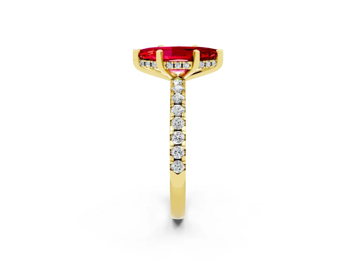 Marquise Cut Ruby Solitaire Ring with Round Pavé Band and Four-Prong Setting Yellow gold