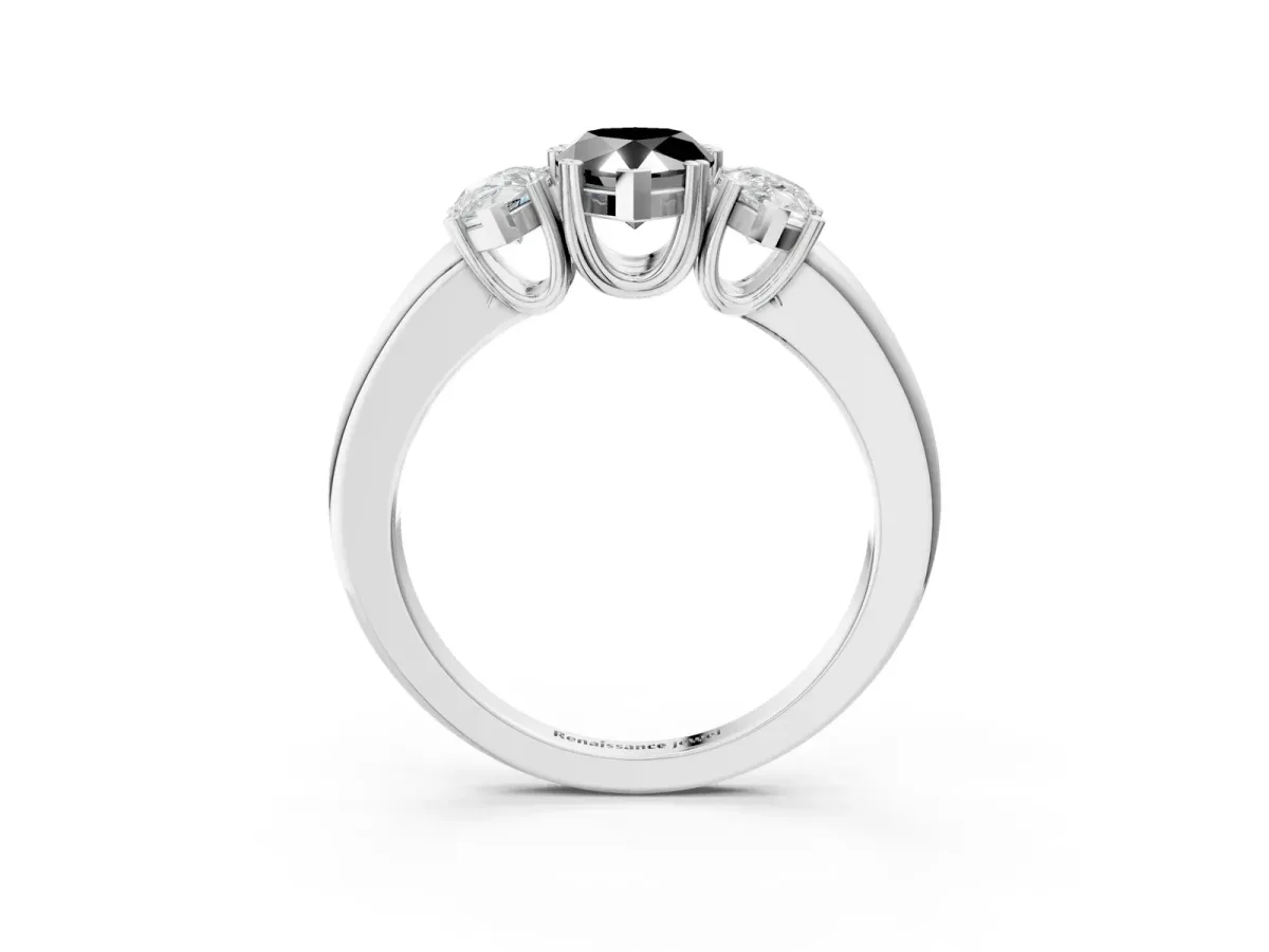 Fancy Black Three-Stone Pear Cut Cut Diamond Ring with Channel Set Band and Four-Prong Setting Platinum