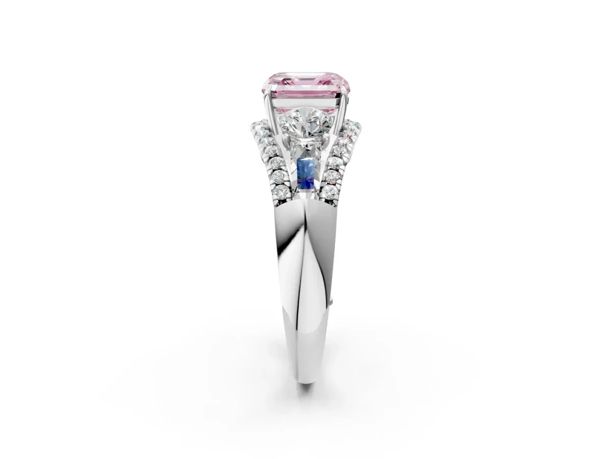 Fancy Pink Three-Stone Asscher Cut Diamond Engagement Ring with Pave Band and Prong Setting Platinum