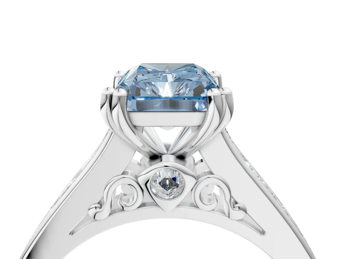 Fancy Blue Radiant Cut Cut Channel Set Solitaire Engagement Ring with Prong Setting Platinum