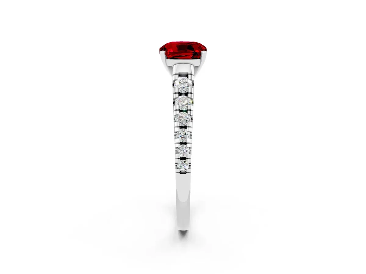 Cushion Cut Ruby Cathedral Solitaire Ring with Round Pavé Band White gold