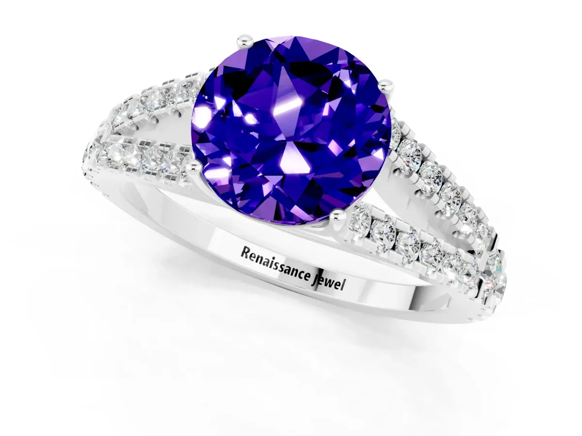 Round Cut Tanzanite Split Shank Engagement Ring with Round Pavé and Prong Setting Platinum