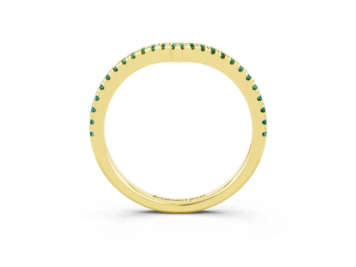 Pavé Round Green Sapphire V-Shaped Chevron Band with Shared Prong Setting Yellow gold