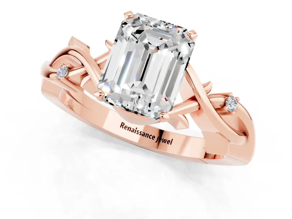 Emerald Cut Moissanite Solitaire Ring with Twisted Band and Prong Setting Rose gold