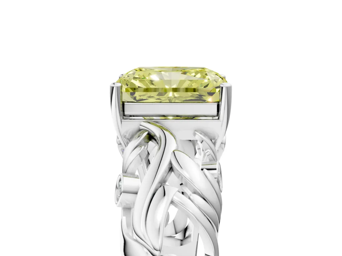 Fancy Yellow Radiant Cut Solitaire Diamond Leaf-Inspired Vine Band Ring with Prong Setting Platinum