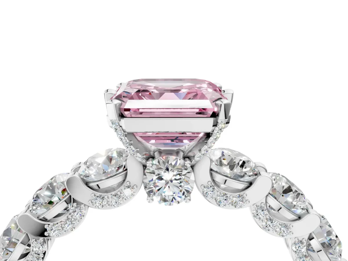 Fancy Pink Asscher Cut Diamond Side Stone Engagement Ring with Four-Prong Setting Silver