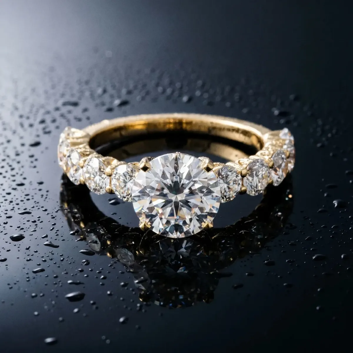 Round Cut Diamond Prong Setting with Side Stones on a Pave Band Yellow gold