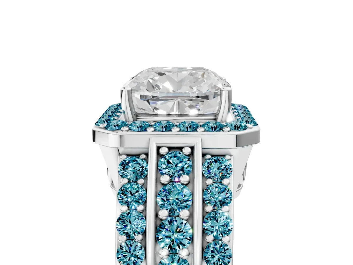 Cushion Cut Halo Diamond Ring with Round Blue Topaz Split Shank and Prong Setting Silver