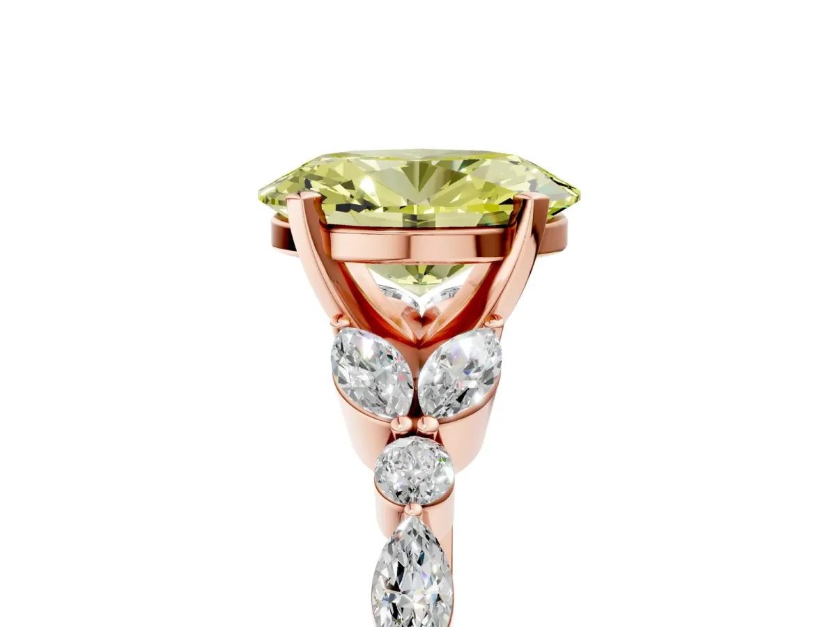 Fancy Yellow Oval Cut Diamond Solitaire Ring with Side Stones and Four-Prong Setting Rose gold