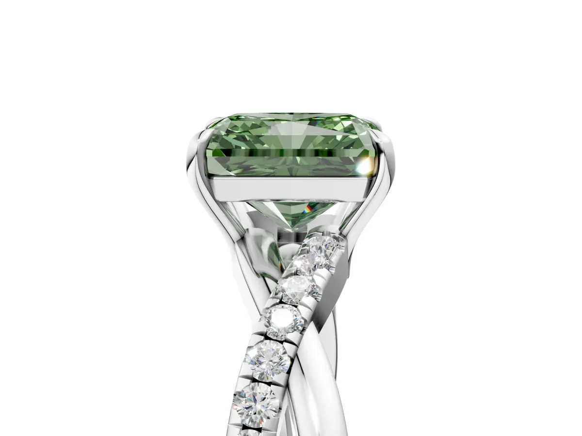 Fancy Green Radiant Cut Cut Diamond Twisted Band with Pavé Setting and Four-Prong Setting Platinum