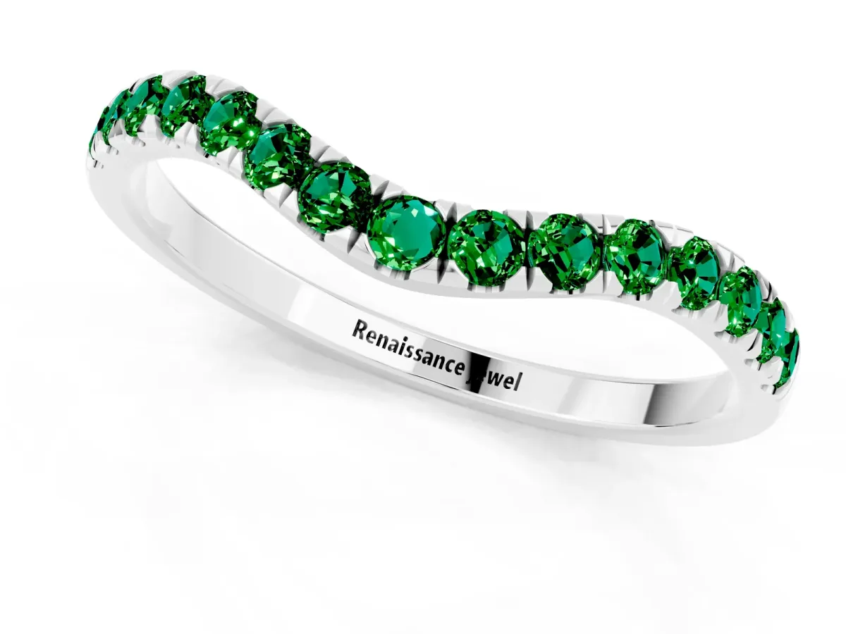 Curved Pavé Round Emerald Wedding Band with Shared Prong Setting Platinum
