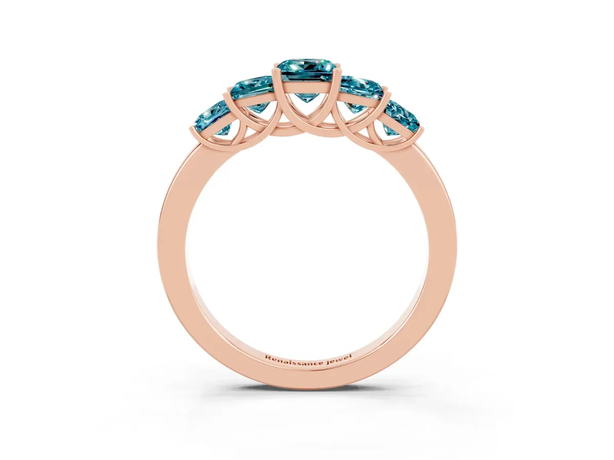Princess Cut Five-Stone Blue Topaz Ring with Classic Prong Setting Rose gold