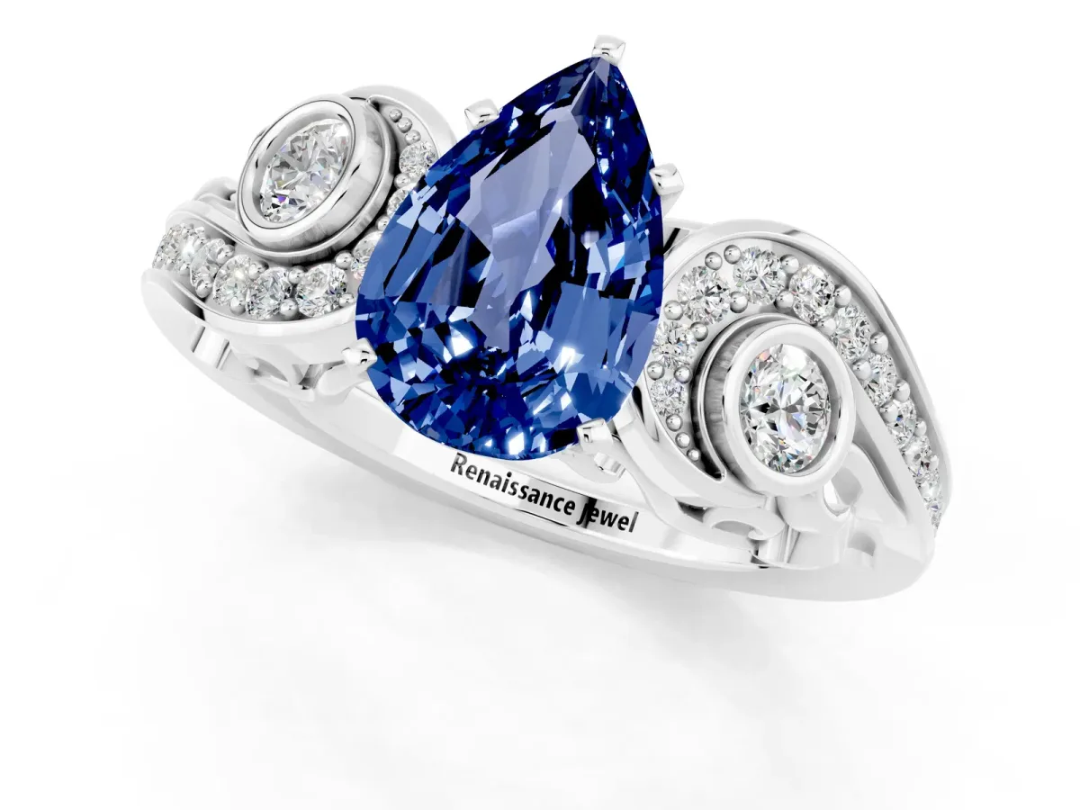 Pear Cut Blue Sapphire Solitaire Ring with Milgrain Pavé Band and Four-Prong Setting Silver