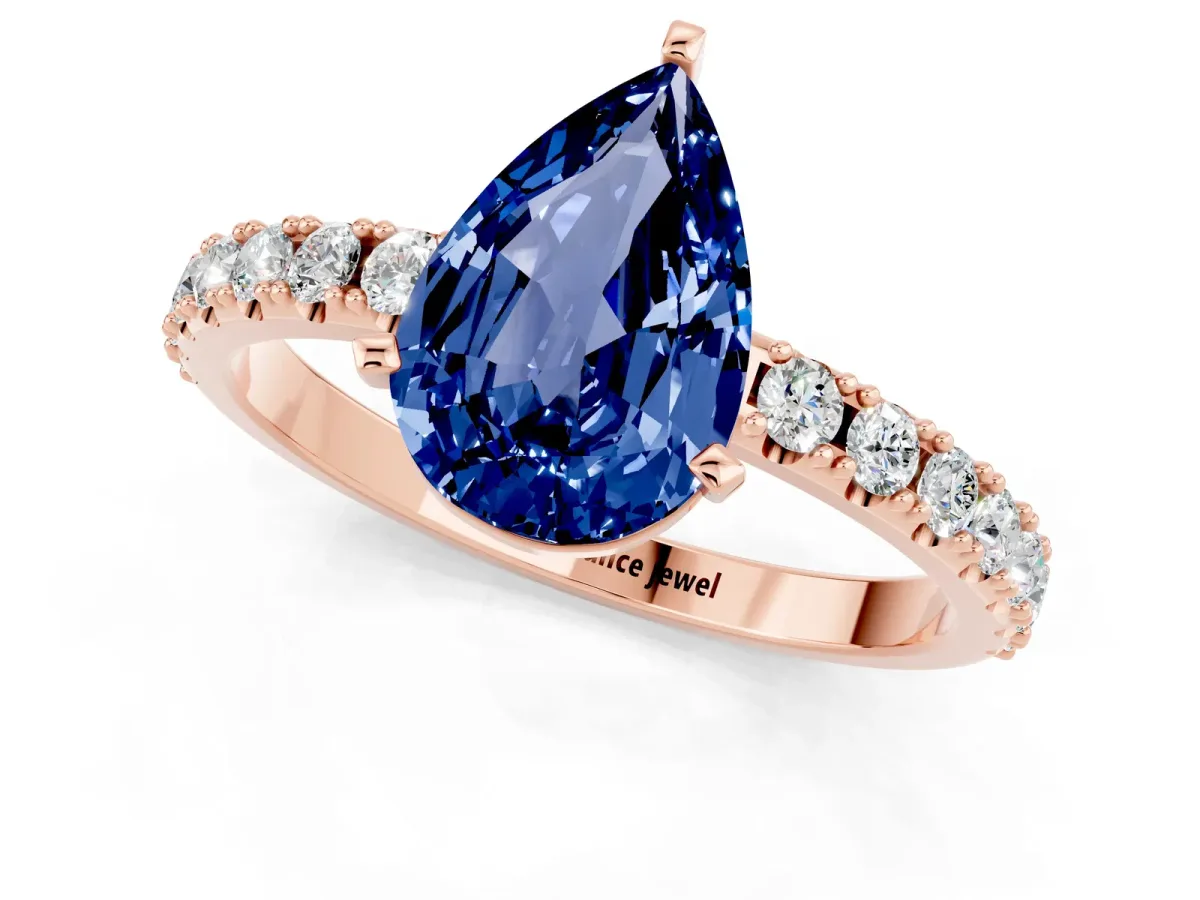 Pear Cut Blue Sapphire Solitaire Pavé Band with Four-Prong Setting Rose gold