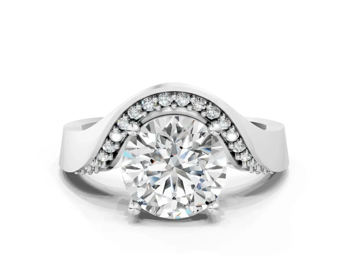 Round Cut Solitaire Diamond Engagement Ring with Pave Band and Four-Prong Setting Platinum