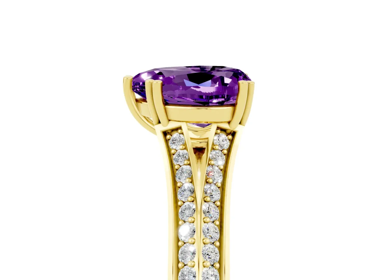 Heart Cut Amethyst Split Shank Engagement Ring with Pavé Band Yellow gold