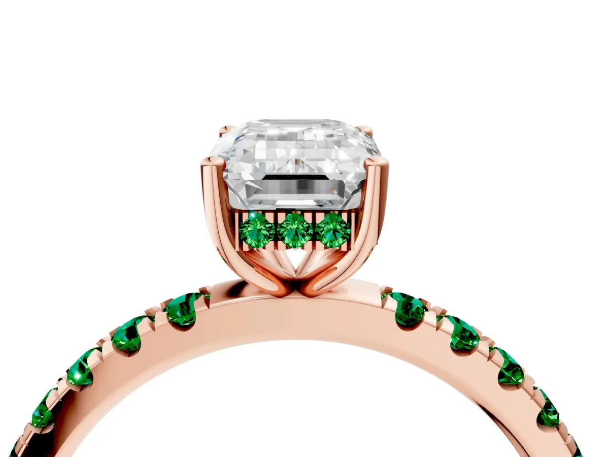 Emerald Cut Diamond Pave Band Solitaire Ring with Round Emerald and Prong Setting Rose gold
