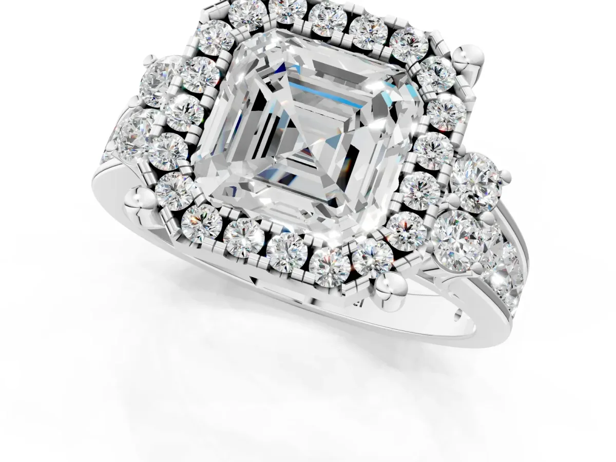 Asscher Cut Halo Diamond Engagement Ring with Split Shank and Four-Prong Setting Platinum